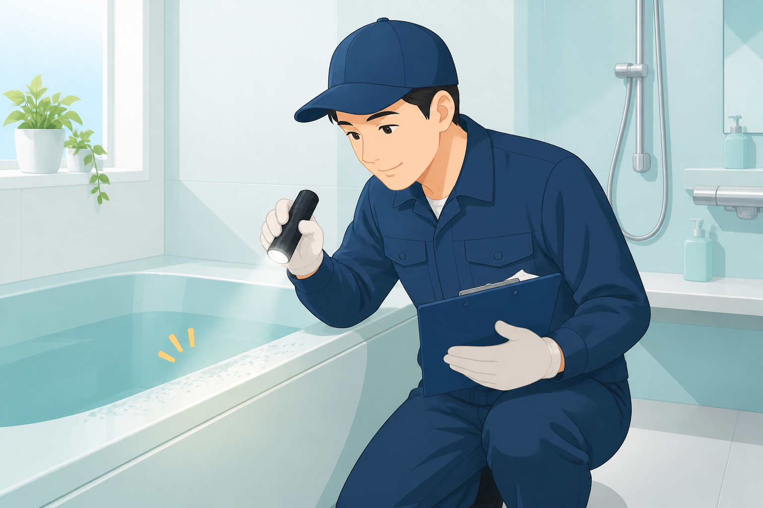 水回りの状態と素材を確認する作業